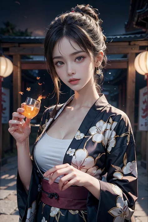 电影灯光，(((tmasterpiece))), ((best qualtiy)), ((intricate and detailed)), ((Ultra-realistic realism)), 4K,1beautiful woman, 25-years old, poneyTail,Ultra-fine yukata,beautiful countenance,Beautiful brown eyes,face perfect,A slender,large full breasts,having a...