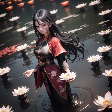 a beautiful Chinese woman standing on top of water with red lamps floating in the sky, night time the red lamps shining light in the scene, with iridescent light, highly detailed images, vibrant beautiful colours, photorealistic image, 32k, ultra HD, unrea...