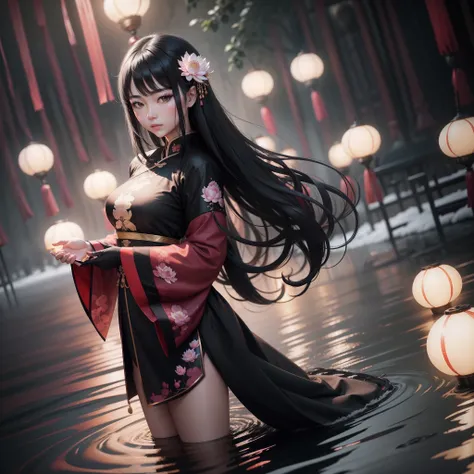 a beautiful Chinese woman standing on top of water with red lamps floating in the sky, night time the red lamps shining light in the scene, with iridescent light, highly detailed images, vibrant beautiful colours, photorealistic image, 32k, ultra HD, unrea...