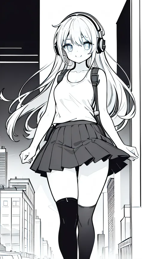 One Girl, Long Hair, Tank Top, Thigh High Socks, Skirt, Headphones, Walking On Street, Smiling, backpack, a bit bigger thighs and hips, Headphones, hourglass figure, lineart