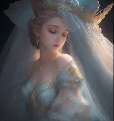 tmasterpiece，Highest high resolution，detailed detail，1 Princess, dress, Soft light on the background, Blue, Pastel, Dreamy, Whimsical, Delicate, Gorgeous golden shell crown, Epic surrealism, The upper part of the body，Meticulous, Magnificent, max details, ...