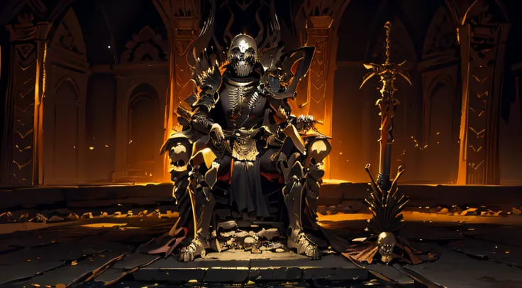 In the dilapidated temple, a man in a skeleton helmet and armor sits on an obsidian throne, On the ground was a sword stuck in the pile of bones。