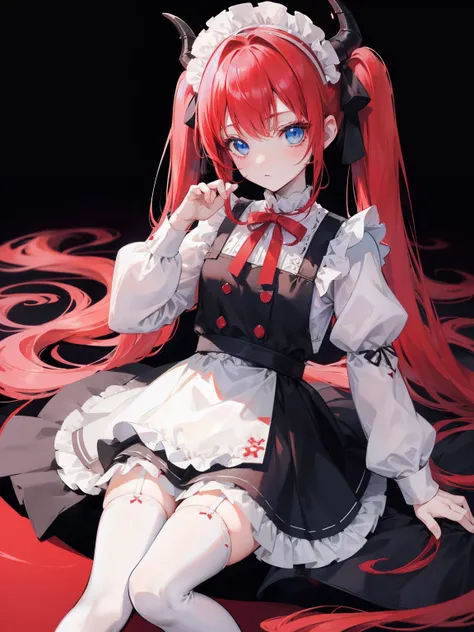 red hair,blue eyes,twintails,maid, long hair, long sleeves, gothic, solo, loli,Short skirt, white stockings,{{best quality}}, {{masterpiece}}, {{ultra-detailed}}, {illustration}, {detailed light}, {an extremely delicate and beautiful},little girl,cute,drag...