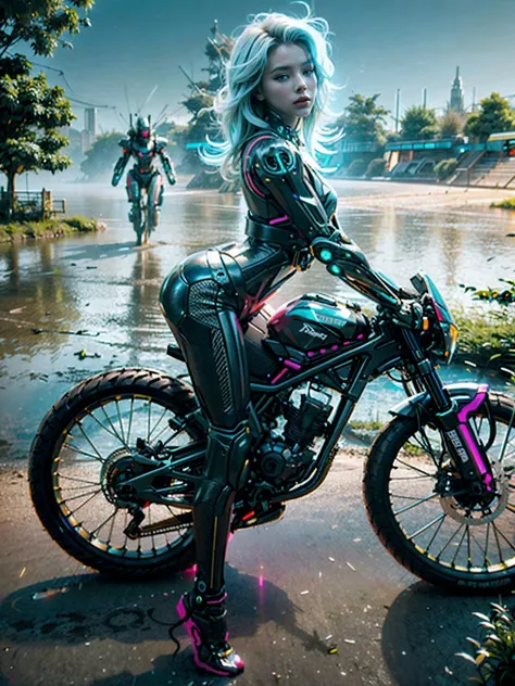 Araffe cyberpunk chica androide partes mecanicas por todo su cuerpo de alta tegnologia partes de cristal trasparentes con luces de neon , rubia de pelo largo con ojos azules, montando en superbike futurista con luces de neon estilo tron cibernetica con rud...