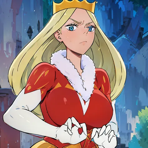 queen hilling, 1girl, blonde hair, blue eyes, big breasts, crown, dress, gloves, pointy nose, queen, red victorian dress, white ...