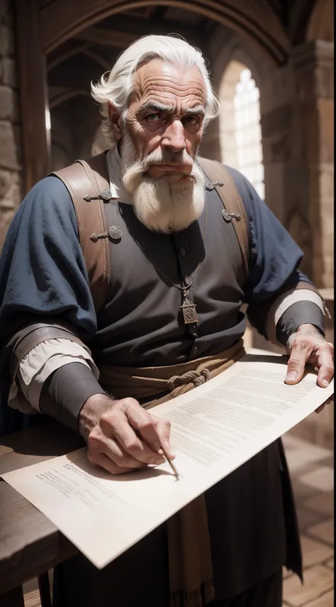 Tomas Fernandes, ingenuine, medieval architect, 16th century, renaissance, age of exploration, age of 50, old, wrinkle, weathered, man, Portuguese, great, Ingenuity, knowledgeable, very experienced, holding a parchment, neat, serious, unhappy face, perfect...