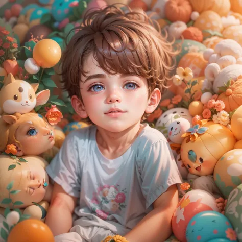 Illustration, cute, unique boy, cutest boy in the world, background in a colorful dreamland, high quality, photorealistic, 16k,