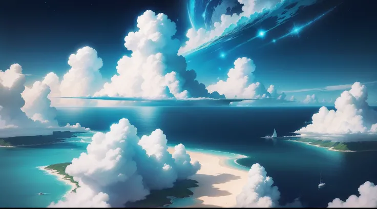 no human figures、Landscape only、Strong midday sunshine、shimmer、Drawing the sky with clouds and stars, Cosmos Sky. by Hayao Miyazaki, Anime Sky, Blue Sea., Anime Cloud, Ghibli style, by Ross Tran. scenery background, in style of hayao miyazaki, 8ｋ、Top image...