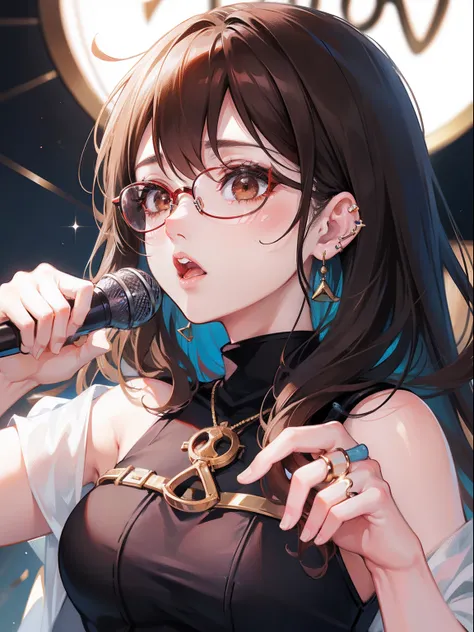 1人の女性、brown haired(Curta)、Brown eyes、Black-rimmed glasses、Ring piercing of the earlobe、Have a microphone、Sing a song