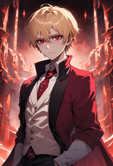 Elegant and charming male vampire，Ruby eyes，Short blonde hair，Radiates a brilliant light，On the background are countless skeletons