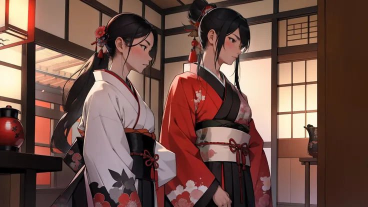 female samurai kimono in a Japanese house traditional . (muscle: 2.0)