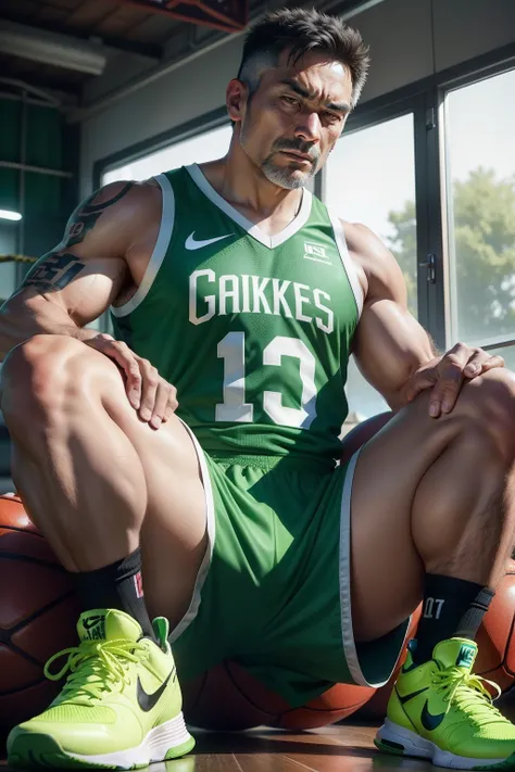 50-year-old middle-aged man，Man，grampa，Height 195，Asian people，sitting in the couch，God perspective，The eyes are about to face each other，Chinese men，musculature，Lift one foot，Wearing a fluorescent green Nike basketball vest，Fluorescent green basketball pa...