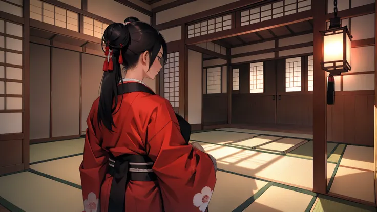 female samurai kimono in a Japanese house traditional . (muscle: 2.0)