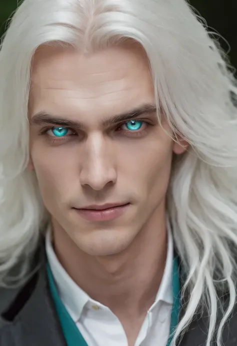 Elegant and charming male vampire， are worn，Turquoise eyes，long white-blond hair，Radiates a brilliant light，Has a charming smile，There is infinite power