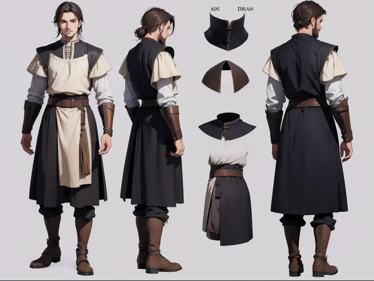 A man, medieval footwear, simple peasant medieval attire, various angles (front, back, side), template sheet, reference sheet.