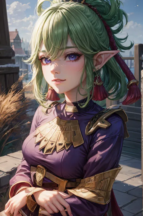 The girl looks at the camera with beautiful purple eyes and an attractive smile, mouth open, White Teeth, Cute little nose, Beautiful long elven ears, portrait of an elf, Portrait of a very beautiful elf woman, green hair, Stars in her fixed eyes, breathta...