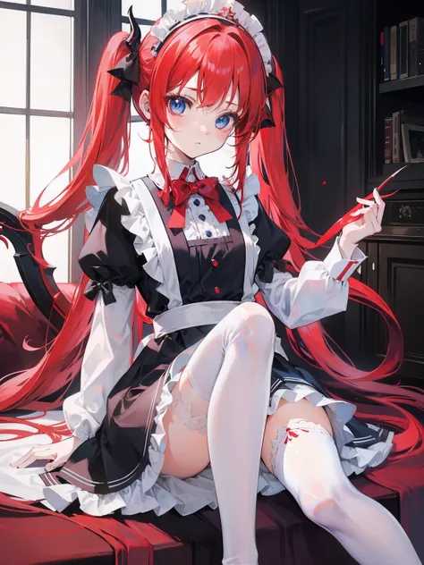 red hair,blue eyes,twintails,maid, long hair, long sleeves, gothic, solo, loli,Short skirt, white stockings,{{best quality}}, {{masterpiece}}, {{ultra-detailed}}, {illustration}, {detailed light}, {an extremely delicate and beautiful},little girl,cute,drag...