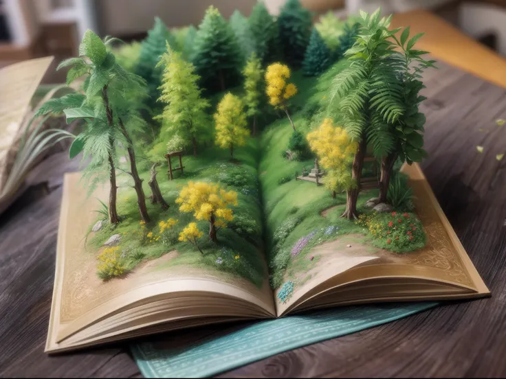 （popup book：1.5），（Green hills and woods,a plant,Flowers），（Rich in color
rich，Best quality，detail detail，tmasterpiece，folk art，Cinematic lighting effects，4K，Chiaroscuro）