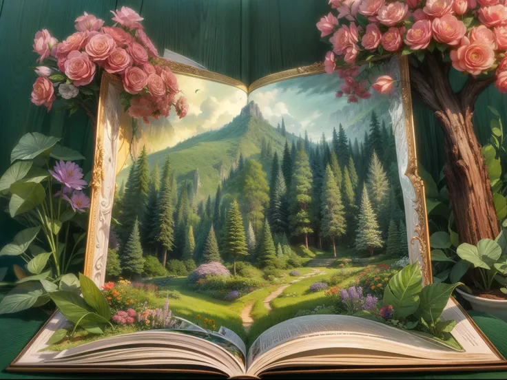 （popup book：1.5），（Green hills and woods,a plant,Flowers），（Rich in color
rich，Best quality，detail detail，tmasterpiece，folk art，Cinematic lighting effects，4K，Chiaroscuro）