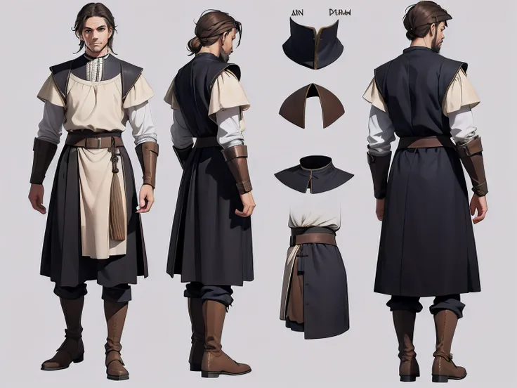 um homem, medieval footwear, simple medieval peasant costume, various angles (frente, back, lado), folha de modelo, refer ence sheet.