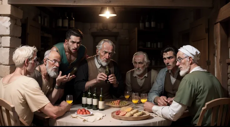 Eight young men in one of the biblical times with an old man with a bottle of olive oil