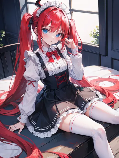 red hair,blue eyes,twintails,maid, long hair, long sleeves, gothic, solo, loli,Short skirt, white stockings,{{best quality}}, {{masterpiece}}, {{ultra-detailed}}, {illustration}, {detailed light}, {an extremely delicate and beautiful},little girl,cute,drag...