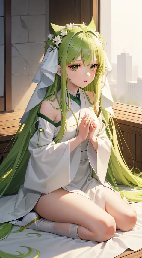 with green long hair,、skin color is white,、Girl with beautiful green eyes。Wearing a white robe、Posing like praying。The girls expression is sad, as if she has thought of something.。Cartoonish illustrations