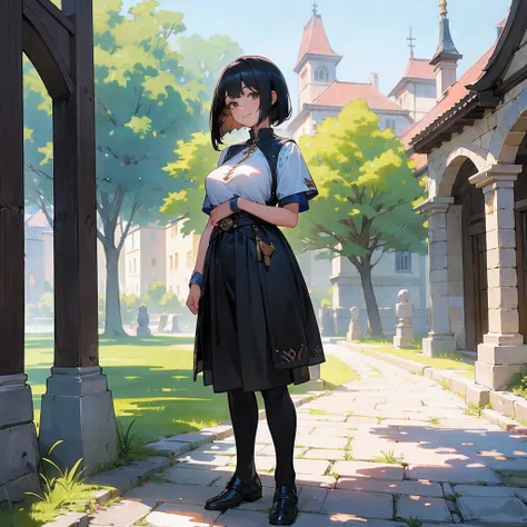 With the best image quality、Teenage girl standing alone outdoors。In high resolution、Beautiful fine details、tranquil atmosphere。((Black Hair Bob Hair))、Cute smile。(((breasts are large)))、I dont have anything in my hands、realistic hand、Medieval European nati...