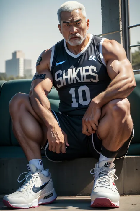 50-year-old middle-aged man，Man，grampa，Height 195，Asian people，sitting in the couch，God perspective，The eyes are about to face each other，Chinese men，musculature，Lift one foot，Wearing a silver Nike basketball vest，Silver gray basketball pants，The number 12...