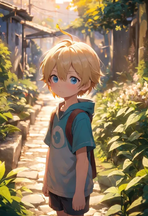 A 6-year-old blonde boy standing in a garden, alta qualidade, Foco claro (mess - house: 0.8), (obra-prima: 1.2) (realista: 1.2) (Bokeh) (melhor qualidade) (pele detalhada: 1.3) (detalhes intrincados) (8k) (Detalhe Olho) (foco nítido), (assustado) (various ...