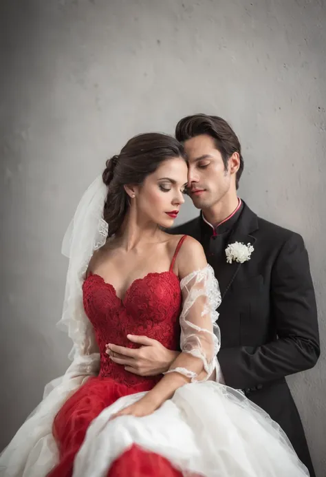 Homem forte de terno preto e mulher de vestido vermelho, um casal elegante, Lovely couple, romantic couple, homem e mulher, Photo Session, com longos cabelos pretos, Homem e mulher apaixonados, foto de retrato, pose de casal, par, attractive female, vestin...