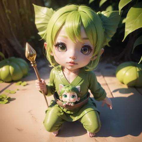 Cute Baby Chibi Anime、(((Chibi 3D))) (Best Quality), (masutepiece)、Chibi Yokai、Green slimy skin、Reptile green face、Green cane、fairy tale forest、Green fruits grow