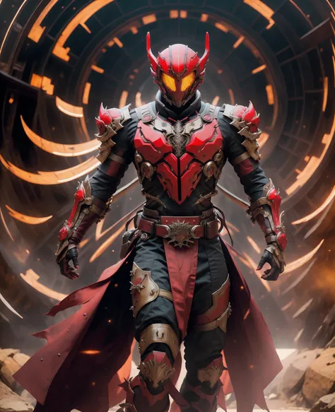 A man wearing a full-face helmet that covers most of his face, adorned in a biomimetic fantasy-style armor, the predominant black color is accented with red textures in the design this character embodies a finely crafted fantasy-style armored warrior desig...