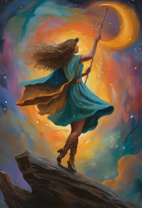 masterpiece, best quality, ultra-detailed, illustration, 1girl, solo, fantasy, flying, broom, night sky, outdoors, magic, spells, moon, stars, clouds, wind, hair, cape, hat, boots, broomstick, glowing, mysterious, enchanting, whimsical, playful, adventurou...