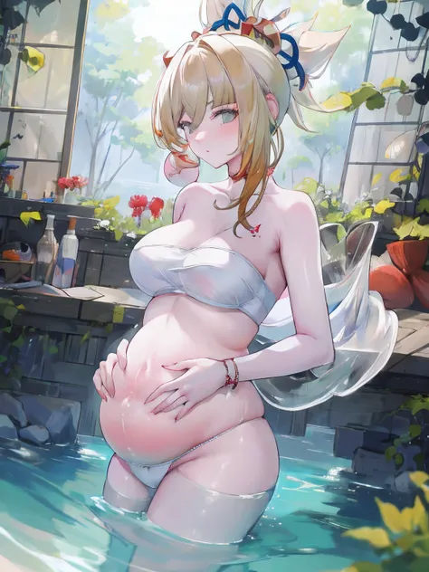 tmasterpiece，best qualtiy，Two men and two women, One of the women became pregnant，Four people stared at the pregnant womans stomach with side lights，lens flare glow，Ray traching，Sharp focus，Wearing a bikini，Large breasts