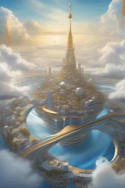 sky cities，Buildings on the clouds，Ring-shaped white shaped building，There are streams of water left from the clouds，future-tech，Blue lines with white buildings，The building is trimmed with gold，Dreamy