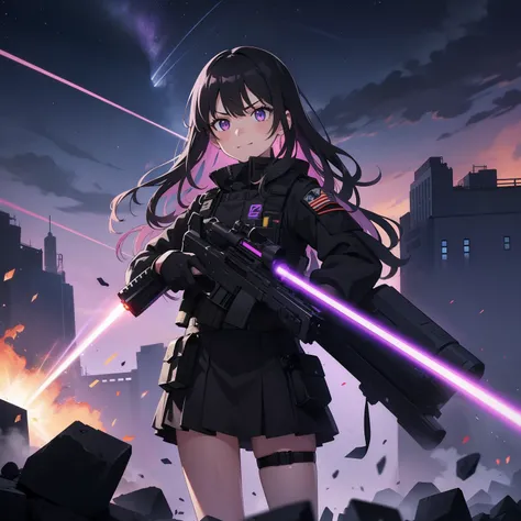 1girl, black uniform, eagle shoulder patch, purple headset, purple eyes, black long messy hair, black camo uniform, black shoulder pads, black tactical vest, black armor pads, black handgun holster, black tactical socks, holding a handgun, bullets, stance,...