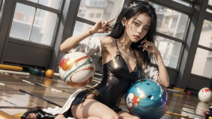 Anime girl in swimsuit, Good shape, 20 age, Long golden hair, Throwing bowling balls., Lovely languid girls,Onmyoji Portrait,Inspired by Ma Yuanyu,Make a flirtatious eye.