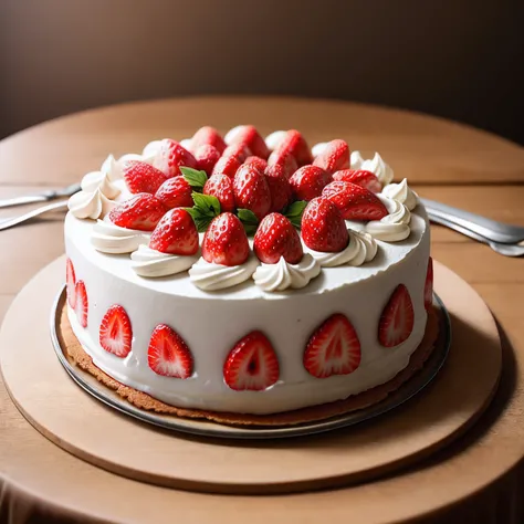 Strawberry cake on rustic background, lots of light, table