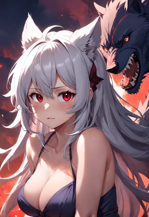 Werewolves，beast ear，Lovely look，Delicate facial features，Pure desire，Be red in the face，Sense of brokenness，Lori huge breasts cleavage，Gray hair，Expression tsundere