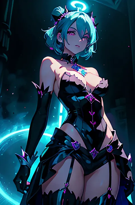 mesmerizing magical girls with dark gothic attire, revealing outfit, and a captivating presence. Radiating a seductive glow in vibrant neon lighting embracing a female magical girl with blue hair