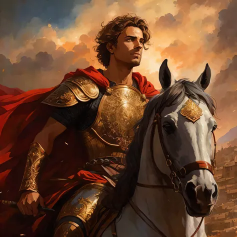 imagem arafed de um homem em armadura montado em um cavalo, Alexandre, o Grande, Graphic artist Magali Villeneuve, Magali Villeneuve», Alexandre, Directed by: Magali Villeneuve, Directed by: Roman Bezpalkiv, epic fantasy card game art, award - winning epic...