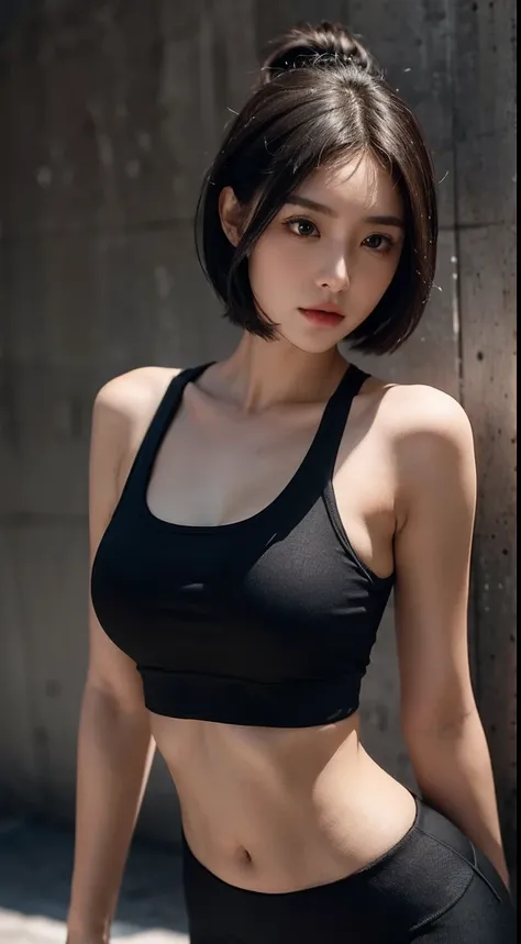 1girll，Ultra-short sports top，Smooth shoulders，Smooth waist，There is a navel，black colored leggings，short detailed hair