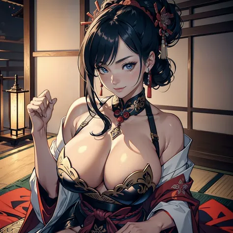 Beautiful samurai ,(implied handjob),hand close up，trending on artstationh, Sharp focus,, Intricate details, Highly detailed,, intricate face details,Curvy physique, Thick body,(No bra),Japan mature female，(cameltoe),((Sexual suggestiveness))，at the palace...