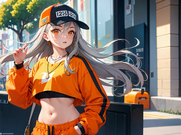 masterpiece, best quality, (1 girl), (solo), gray hair, orange eyes, baseball cap, necklace, crop top, sweatpants, outdoors, urban, happy, street, sidewalk, looking at viewer, walking