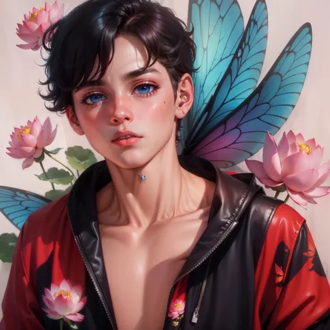 red eye, Illustration, most cool, , coolest boy in the world, background in a colorful dreamland, high quality, photorealistic, 16k, lotus, butterfly,