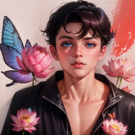 red eye, Illustration, most cool, , coolest boy in the world, background in a colorful dreamland, high quality, photorealistic, 16k, lotus, butterfly,