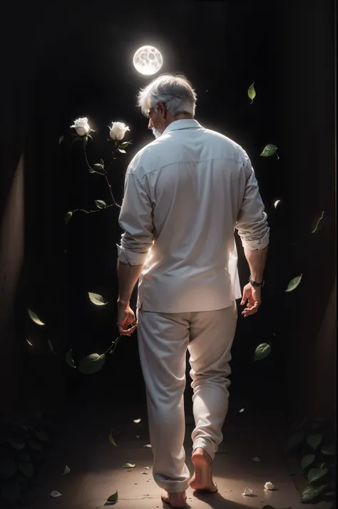 65 year old man, wearing Pajama pants, turned away three quarters, man is reaching up with white rose in hand, black background, white rose petals falling, large round full moon