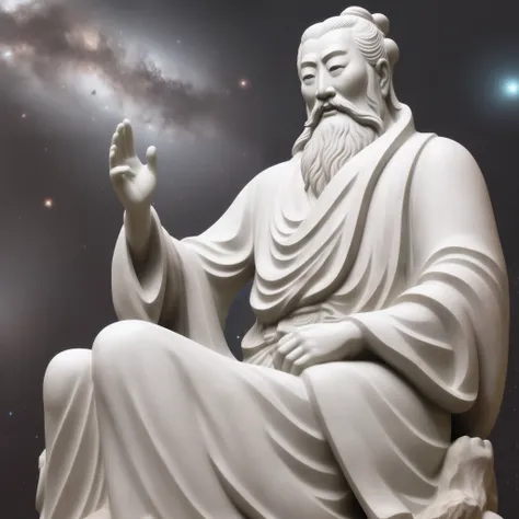 White marble statue of Chinese philosopher, Laozi, galaxy, melhor qualidade, detalhado, estoicista, filosofo,