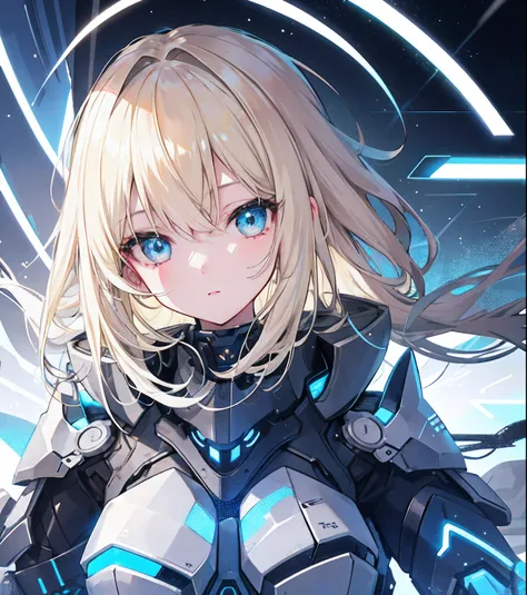 1girll, Blonde, Smooth hair, Detailed face, Cute, Good anatomy, Gray and black mech set,  Bright lights, Blue light, Futuristic city